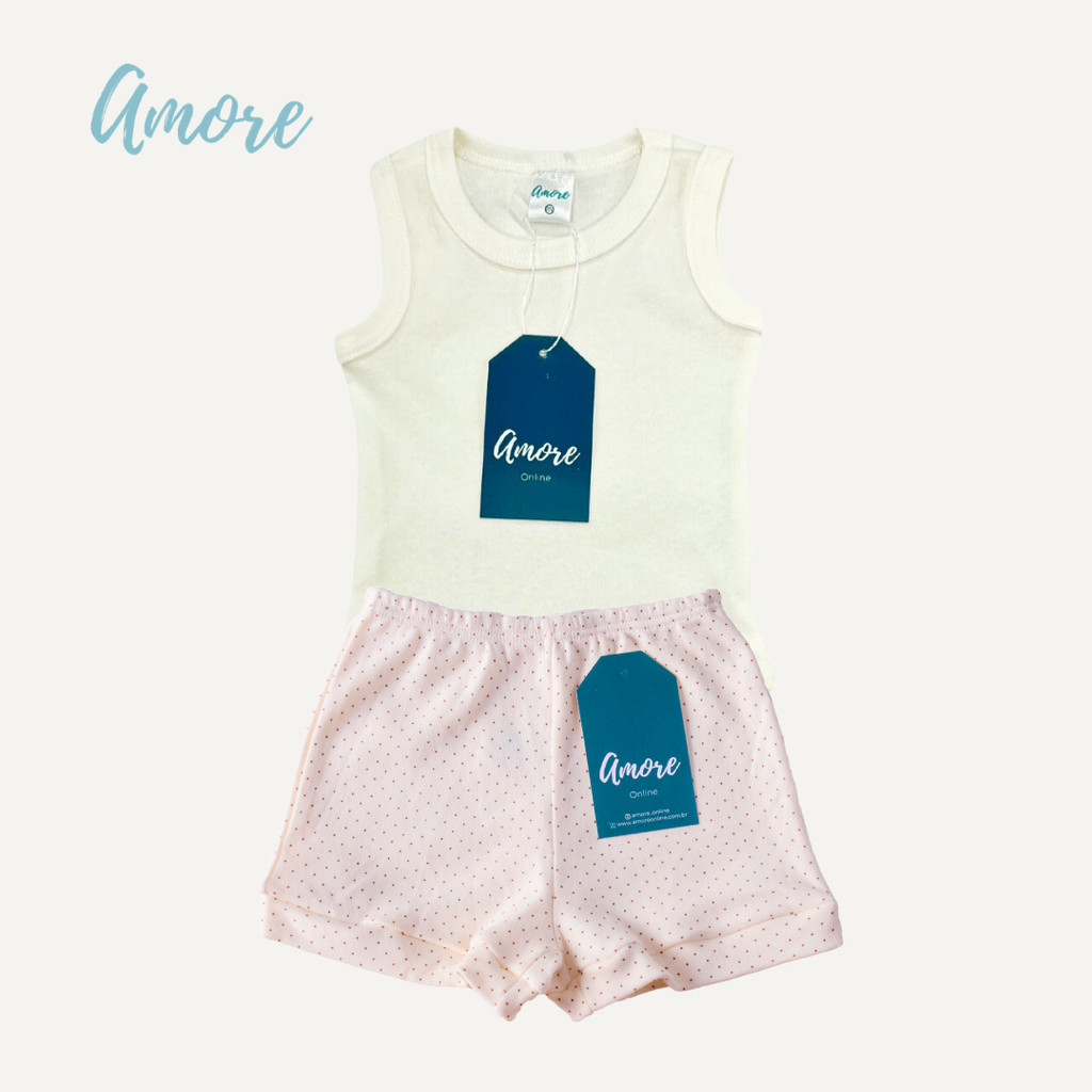 Conjunto Body Regata Amore Bege e Short Bolinha 100% Algodão
