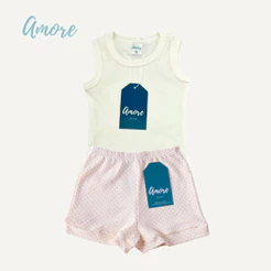 Conjunto Body Regata Amore Bege e Short Bolinha 100% Algodão