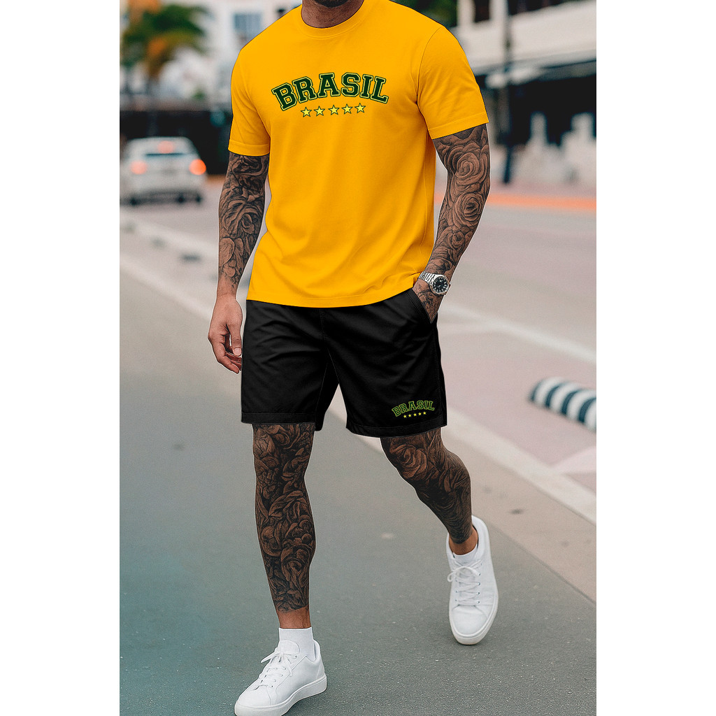 Kit Camiseta e Short Streetwear Brasil Copa do Mundo Conjunto Camisa de Algodão 26.1