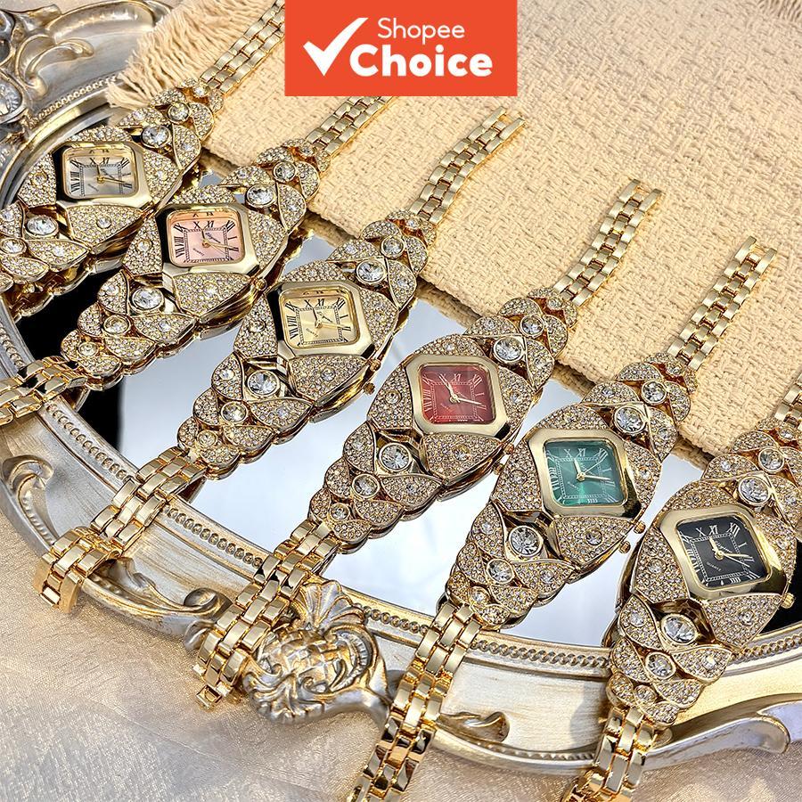 Relógio Feminino Elegante com Rosto Diamante Dourado e Detalhes em Diamante, Relógio Vintage para Mulheres