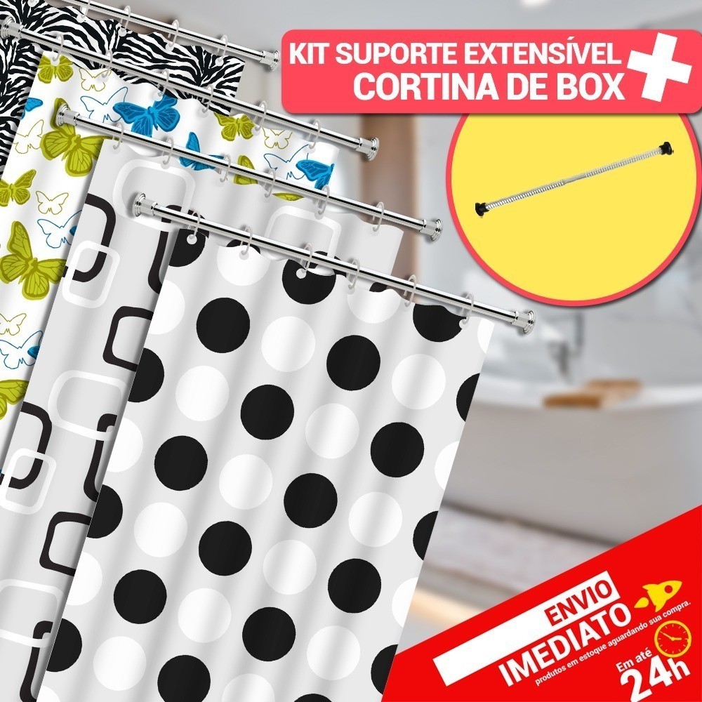 Kit Cortina de Box Chuveiro Gancho Antimofo + Suporte Bastão Varão P Banheiro 90 x 130cm / 50 x 90cm