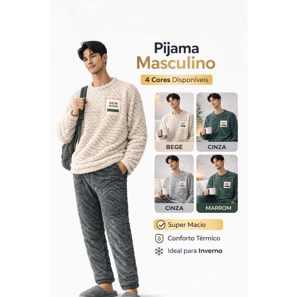 Pijama Masculino Inverno Peluciado Conjunto Manga Longa E Calça Roupa De Dormir Quentinho Confortável Macio