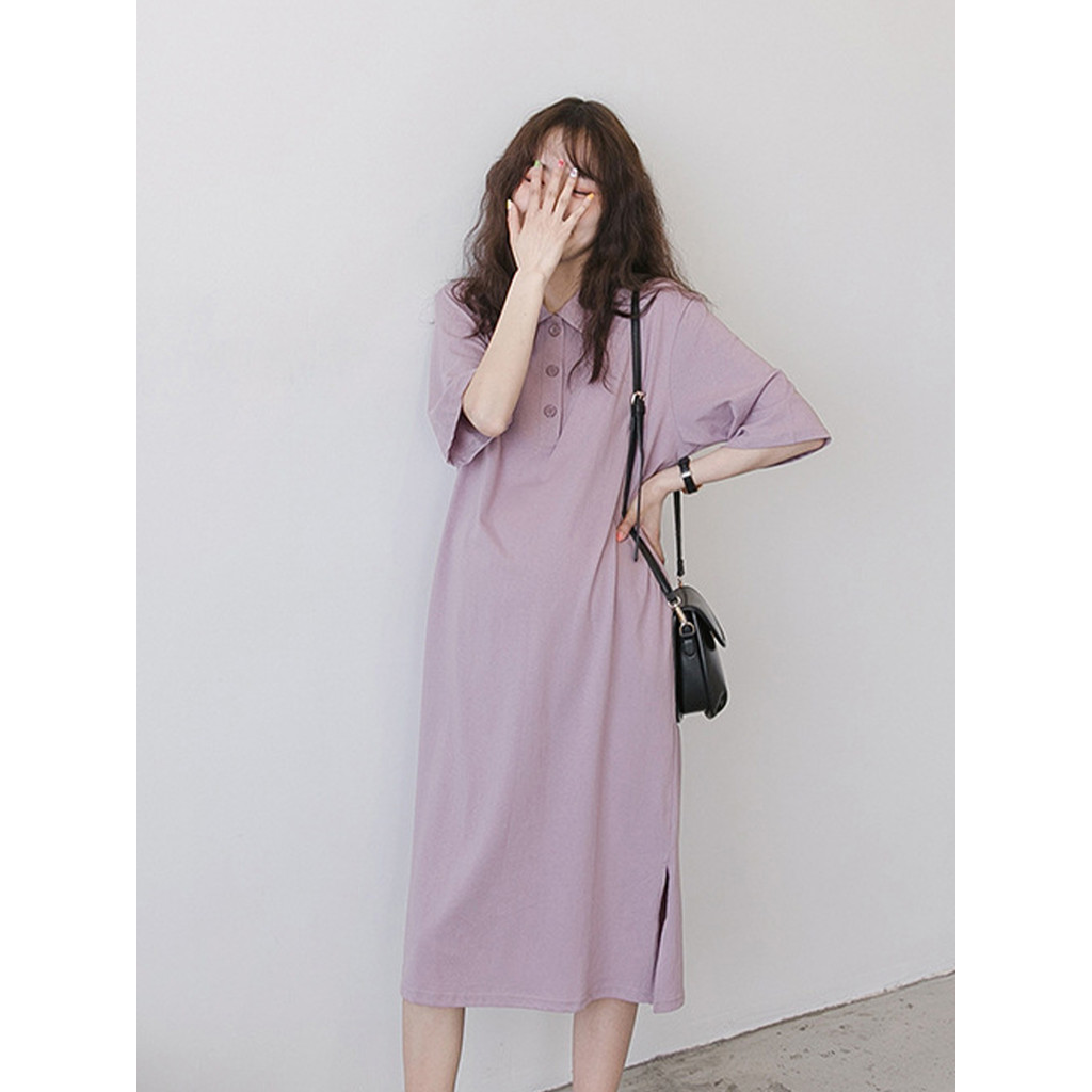 Roupa de maternidade verão saia polo lapela sobre o joelho saia vestido verão comprimento médio camiseta pura