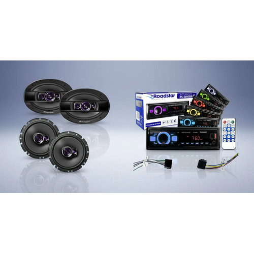 Kit 4 Falantes Pioneer 6 Pol + 6x9 300w Rms Preto + Rádio Mp3 Bluetooth   Roadstar Alta Qualidade