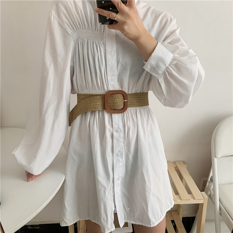 Mais fino olhar temperamento palha literária elástico cinto feminino jogo largo casaco vestido cintura estreita moda All