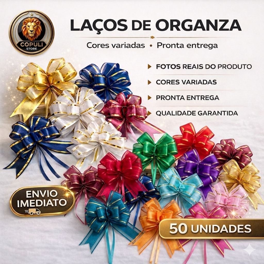 50 Laços Fácil de Organza Poliéster 30mm x 47cm com Filete Dourado para Presente Extra Luxo