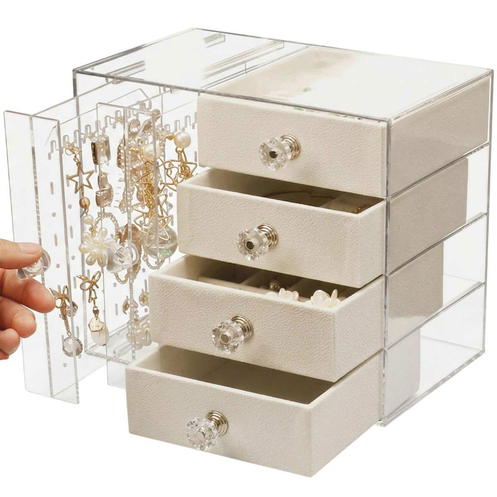 Porta Joia Suporte Acrilico Organiza Bijuteria 4 Gaveta Anel Brinco Pulseira Colar Expositor Pratico Transparente