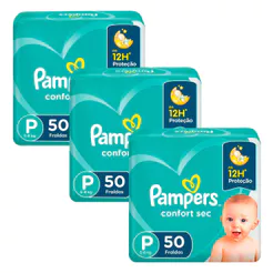Kit 3 Fralda Pampers Confort Sec Tamanho P Pacote Mega com 50 Fraldas Descartáveis