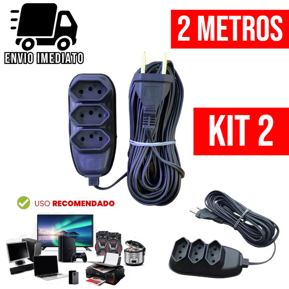 Kit 2 Extensão Elétrica 2 Metros Bivolt com 3 Tomadas 110v 220v Tripolar Alexa Compacta
