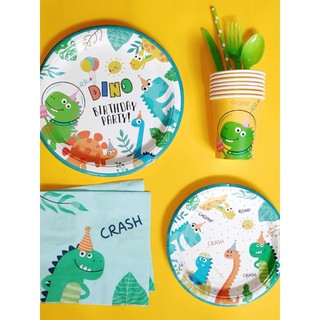 Dinossauro puxar bandeira tema festa de aniversário toalha de mesa placa de papel conjunto crianças balão decoração cena