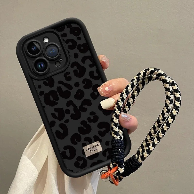Preto Leopardo Impressão Cordão Corda Caso De Telefone Para Samsung Galaxy A07 A06 A14 A53 A32 A35 A13 A16 A54 A55 A56 C