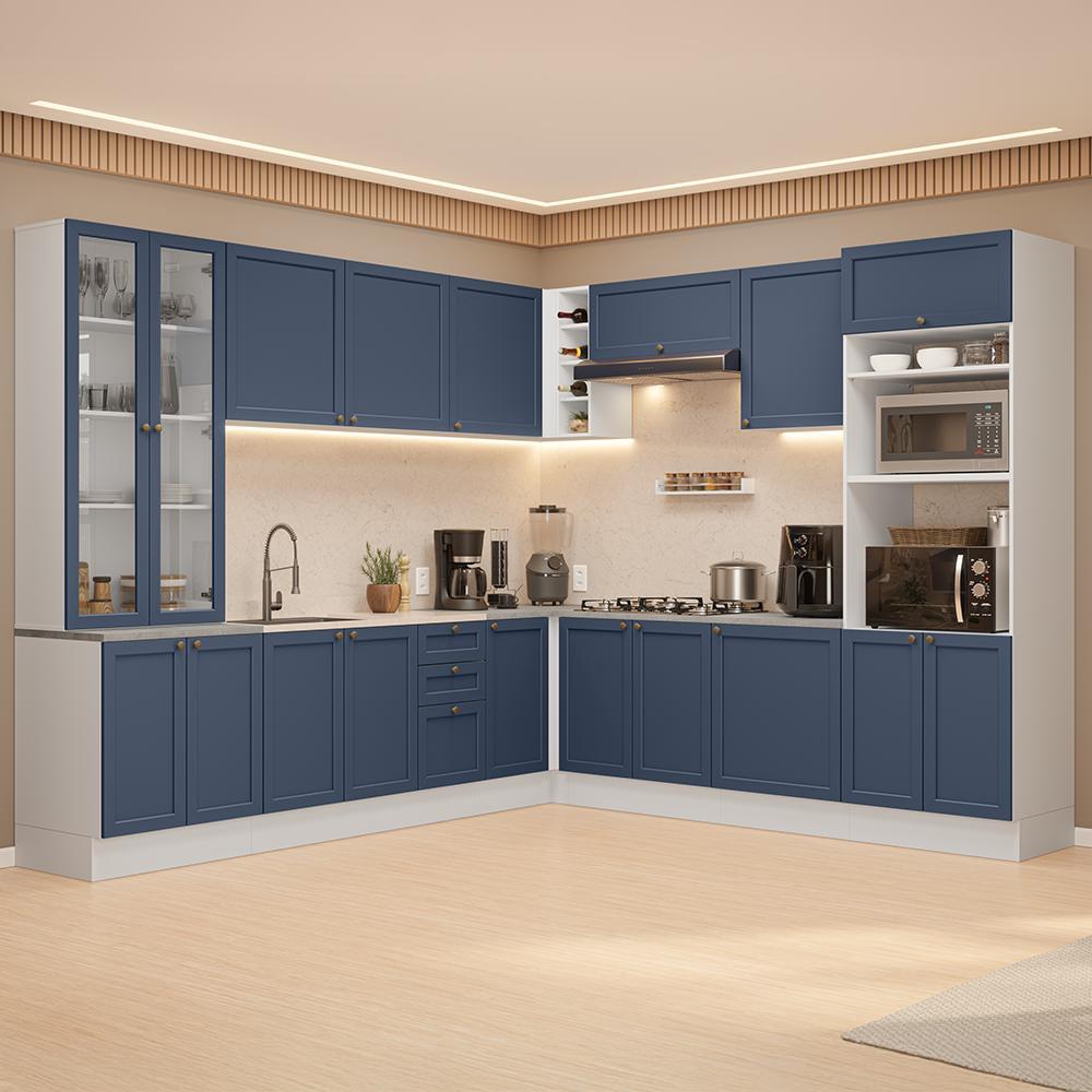Armário de Cozinha Completa de Canto 549 cm Branco/Azul Vik Madesa 01