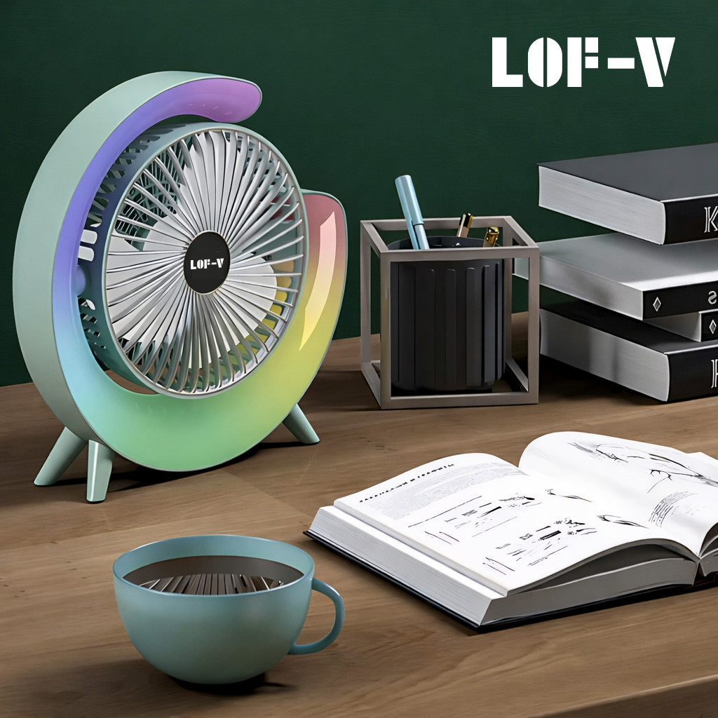 Mini Ventilador Silencioso Portátil LED RGB Recarregável USB 3 Velocidades Colorido Super Silencioso