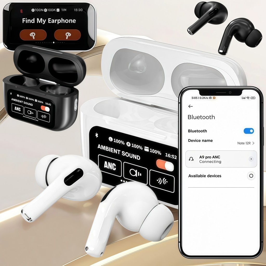 A9 Pro Fone de Ouvido TWS com ANC Cancelamento de Ruído Ativo, Bluetooth 5.4 de Conexão Estável e Touch Screen Intuitivo