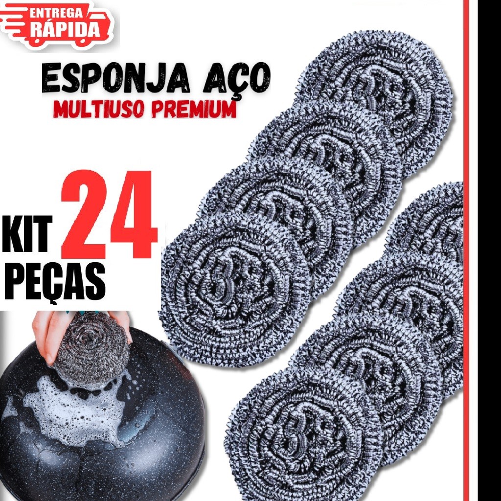Kit com 24 Esponjas Palha De Aço Inox Multiuso Para Cozinha Pia Limpeza Pesada Lavar Panela Assadeira Premium