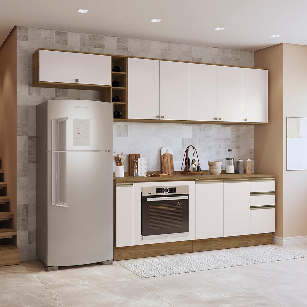 Armário de Cozinha Completa 3 Gavetas 100% MDF 300cm Nogueira/Branco Celeste Kappesberg em Oferta na Shopee