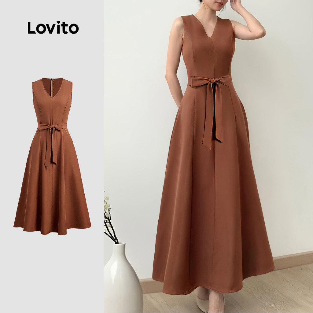 Lovito Vestido Elegante com Cinto Primavera/verão Marrom para mulheres LBL28336