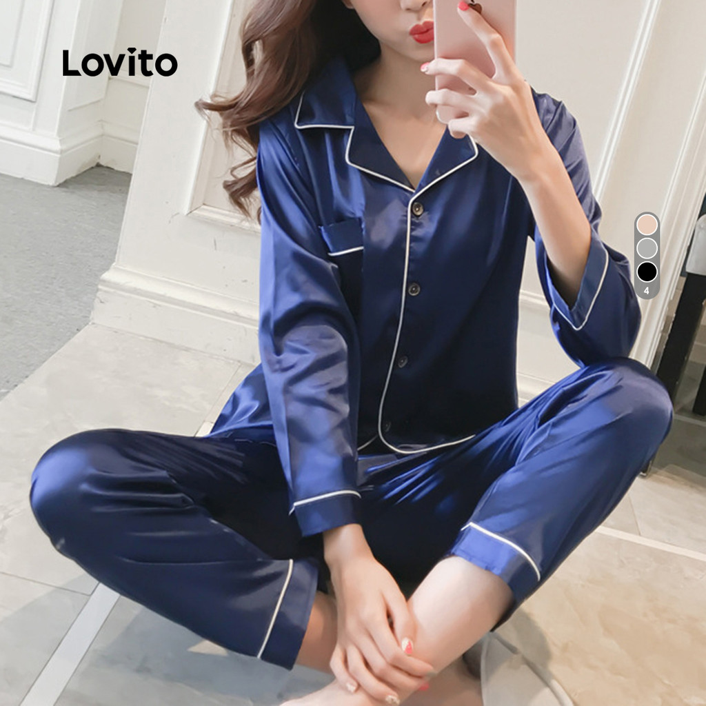 Lovito Conjunto de Pijama 2 Peças para Casa e Exterior Seda de Gelo Mãe/Verão para Mulheres LNE121066