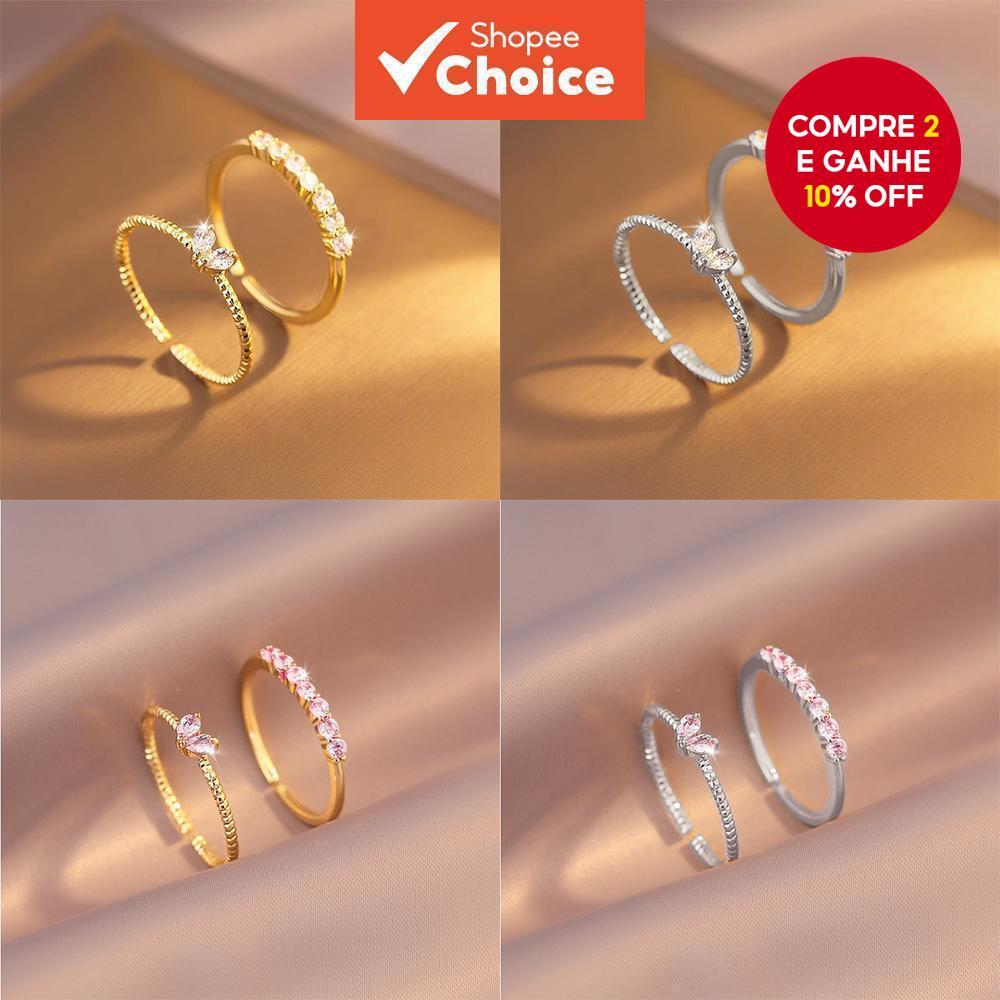 Conjunto De Anel De Coração De Zircônia , 2 Peças , Elegante , Ajustável , Ouro , Prata , Para Mulheres , Joias Da Moda