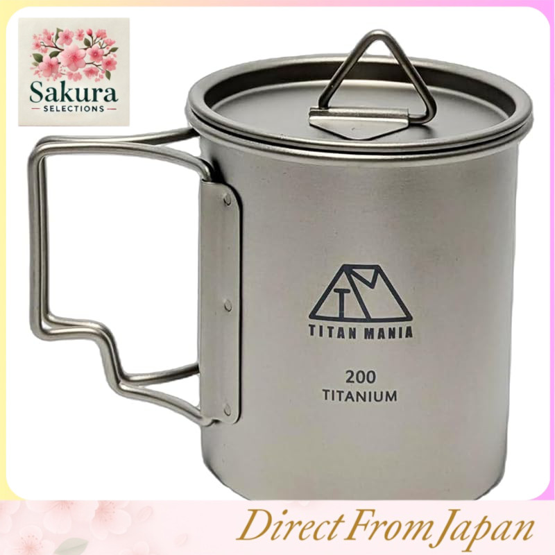 TITAN MANIA Titanium Mug with Lid – Ultra-Lightweight, Stackable with Lid, Foldable Handle, Direct Flame Safe, Rust-Resistant, Single Wall Construction – Includes Storage Bag – Ideal for Camping, Solo Camping, and Outdoor Use