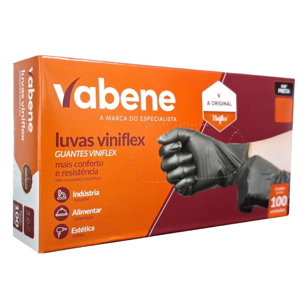 100un Luva Viniflex Preto Sem Pó Descartável P M G GG Marca Vabene