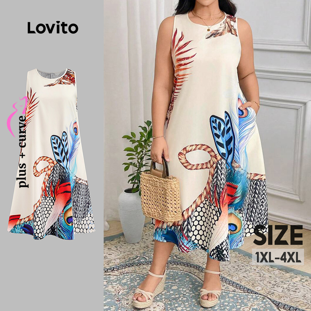 Lovito Vestido Plus Size curva Casual com padrão de plantas para mulheres LBL22062 em Oferta na Shopee