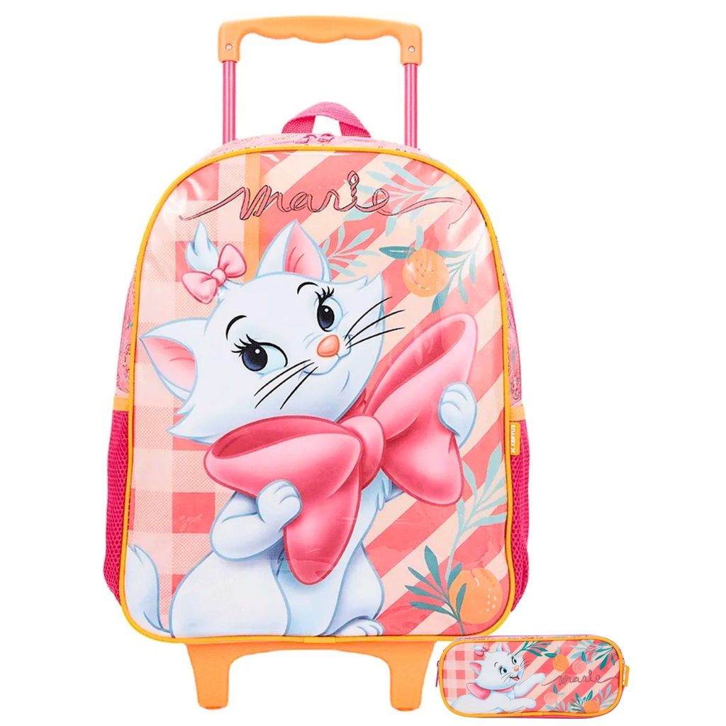 Kit Conjunto Escolar Infantil Rosa Menina Gata Gatinha Marie Mochila de Rodinha + Estojo Penal Simples