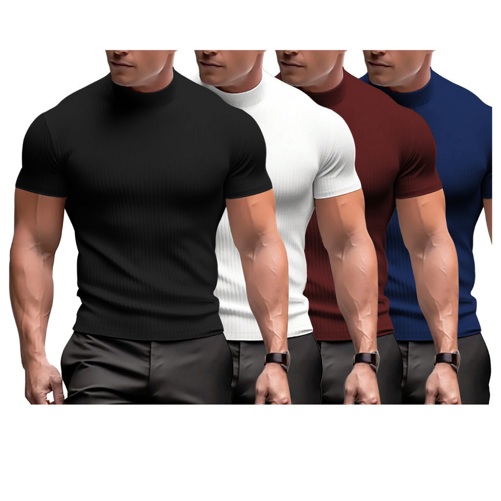 Kit 4 Camiseta Masculina Slim Canelada Gola Alta Manga Curta - Premium