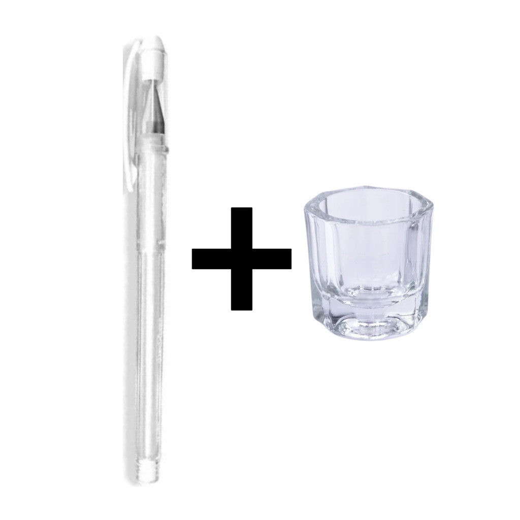 Kit Caneta gel branca para marcação e designer de sobrancelhas + Copo dappen de vidro (S27)