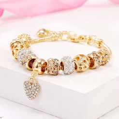 Pulseira Feminina Dourada com Coração Cristal Pingentes Pulseira Berloque Bracelete Dourado Bijuterias Moda Luxo