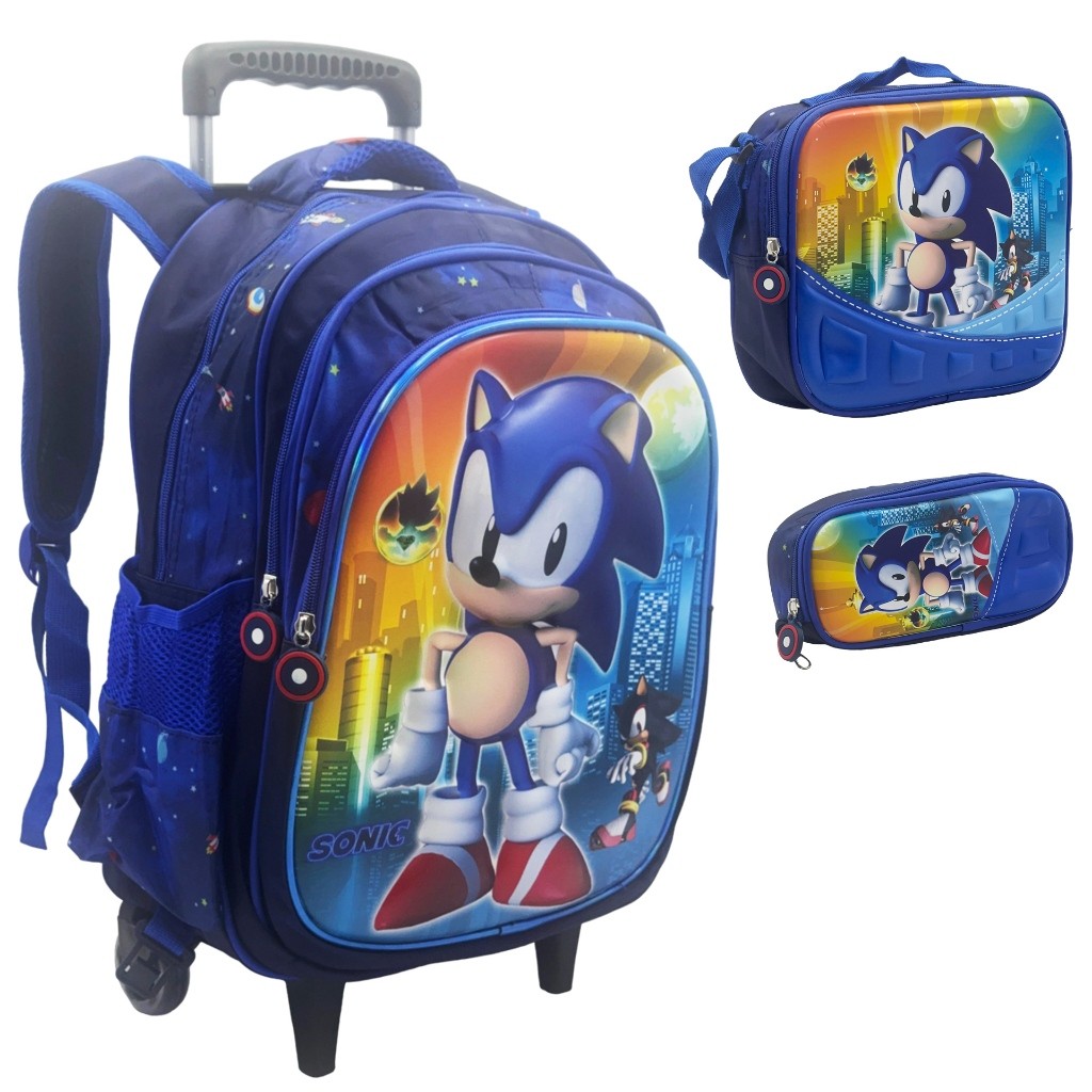 Mochila Escolar Infantil Carrinho Kit Com Estojo Lancheira Térmica Impermeável Rodinhas 3 Peças - Menino Sonic
