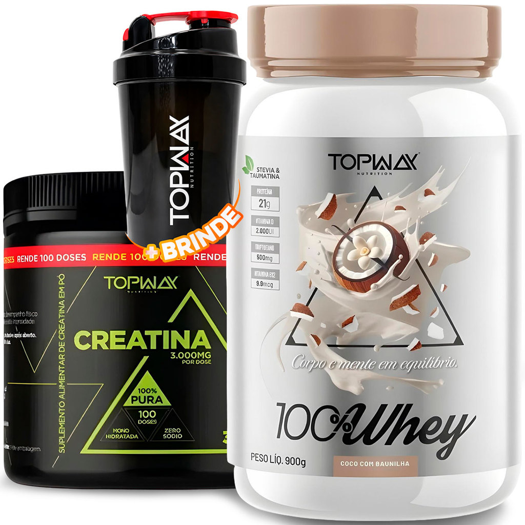 TopWay Suplemento Alimentar Whey Protein 900g Coco com Baunilha + Creatina em Pó 300g Monohidratada