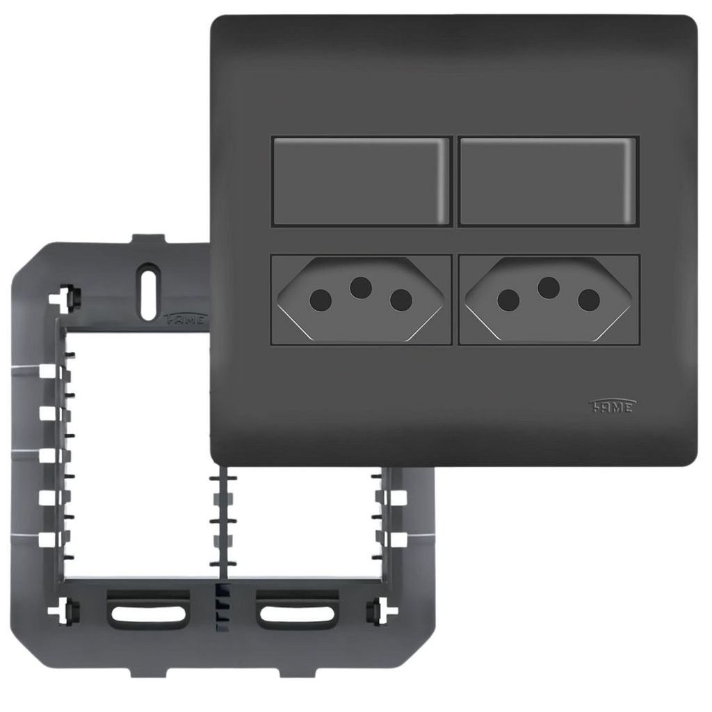 10un Interruptor Paralelo Three Way 10A 2 Teclas e Tomada Padrão Dupla 2P+T 20A Com Placa 4X4 Habitat Black Preto FAME