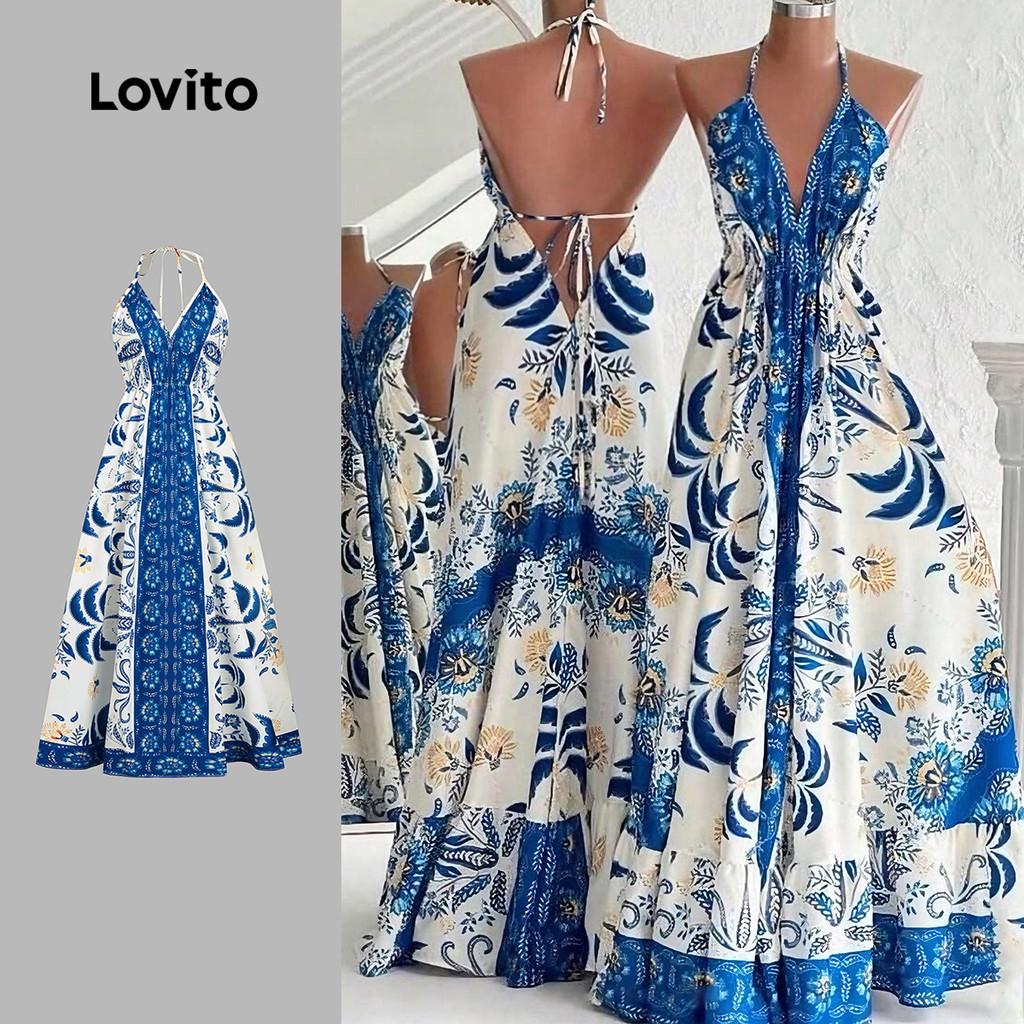 Lovito Vestido Boho com Amarração Vestido Primavera/verão para Mulheres LBL31248 em Oferta na Shopee