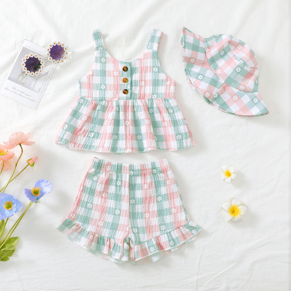 Venda quente bebê meninas moda bonito Multi-camada enrugada praia conjunto de três peças crianças