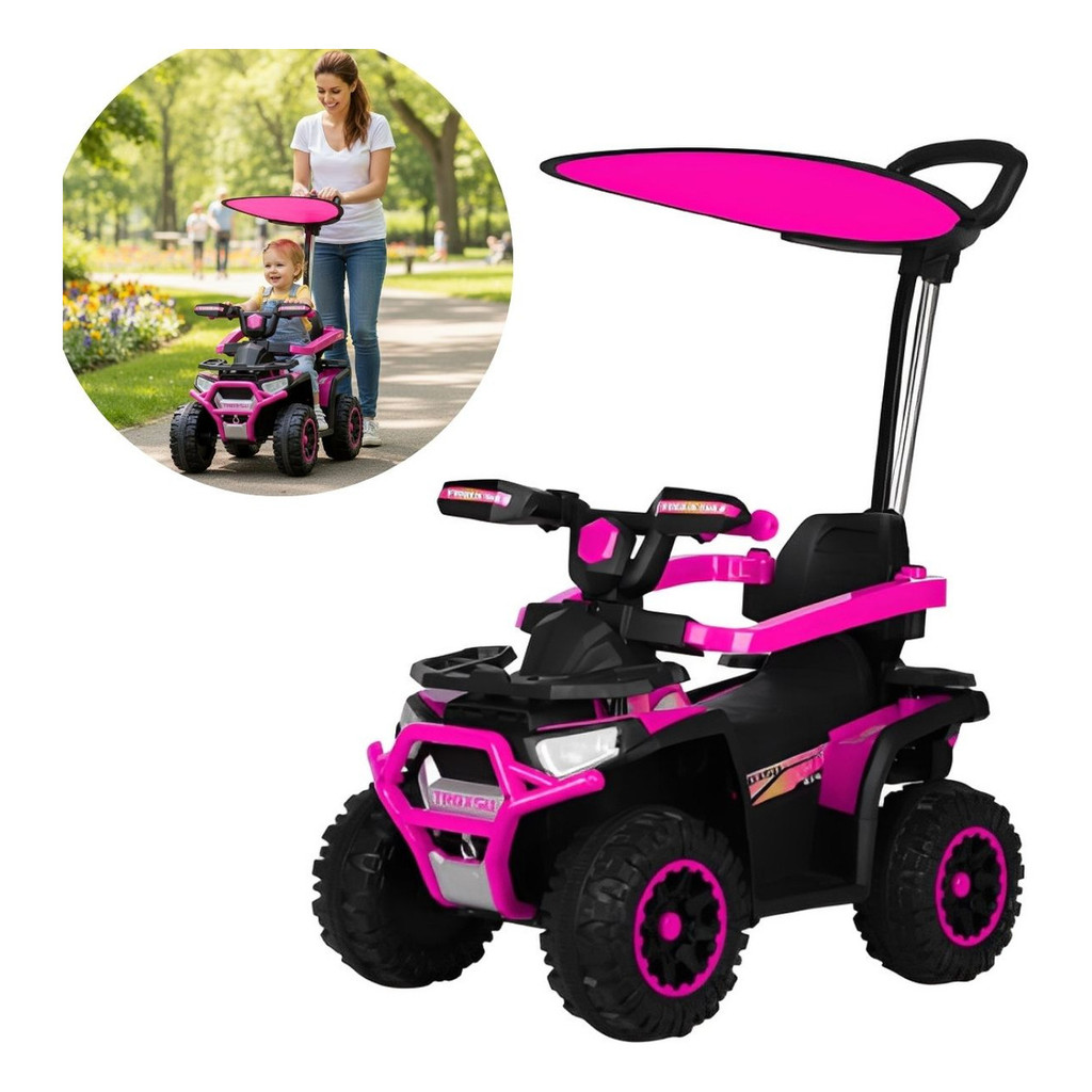 Quadriciclo Elétrico Infantil 6V Rosa Com Empurrador E Cobertura