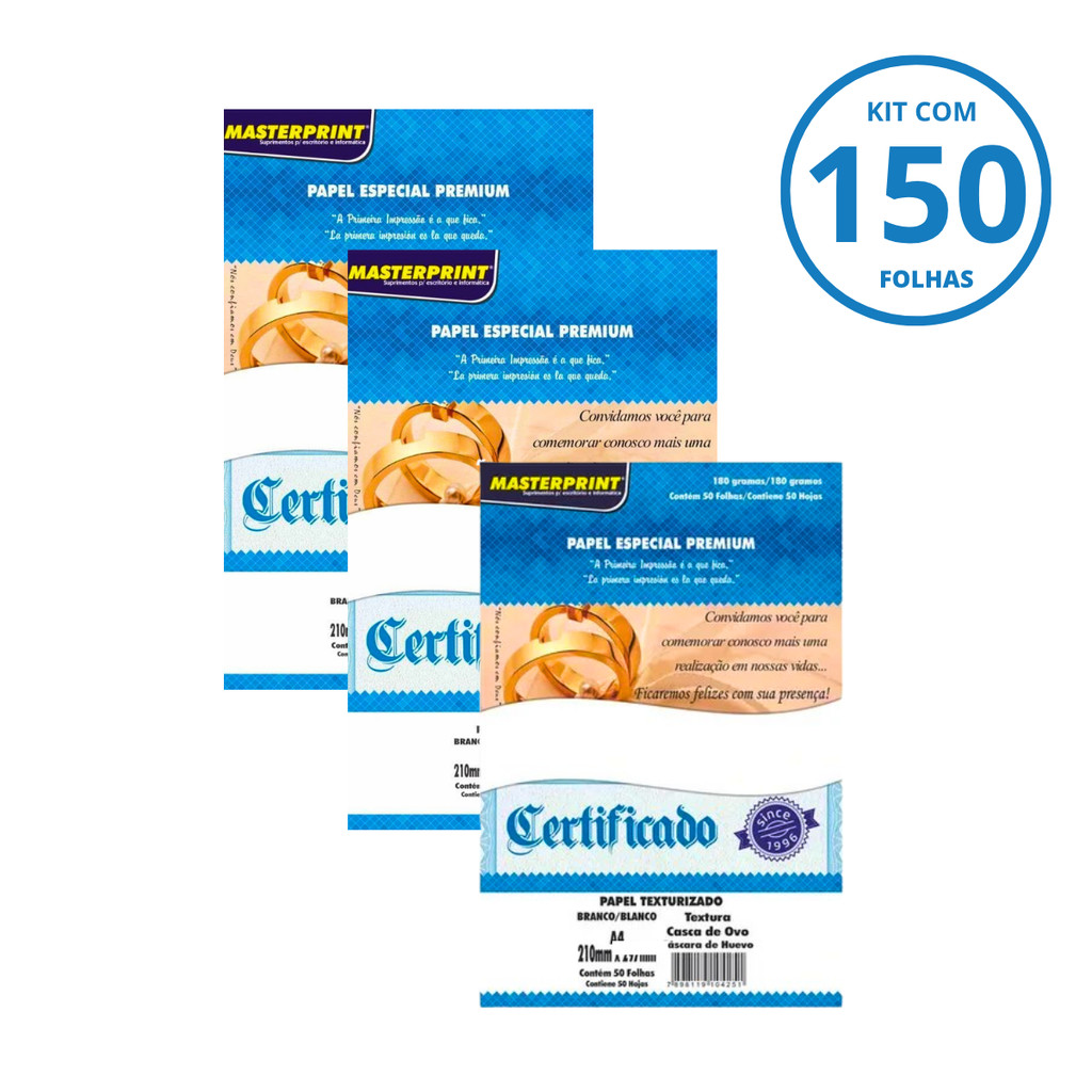 Kit Papel Branco Premium Casca de Ovo180g A4 - MASTERPRINT Kit:Com 150