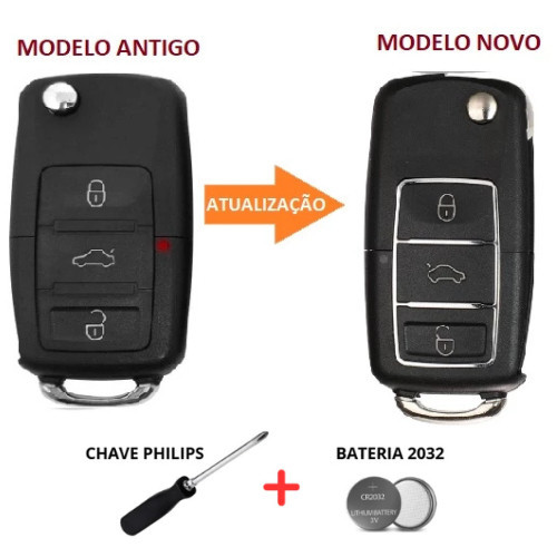 Chave Canivete Carçaça Vw Gol Voyage G5 Polo Bora Golf Reposição Modelo Novo Kit + Bateria + Chave Phillips