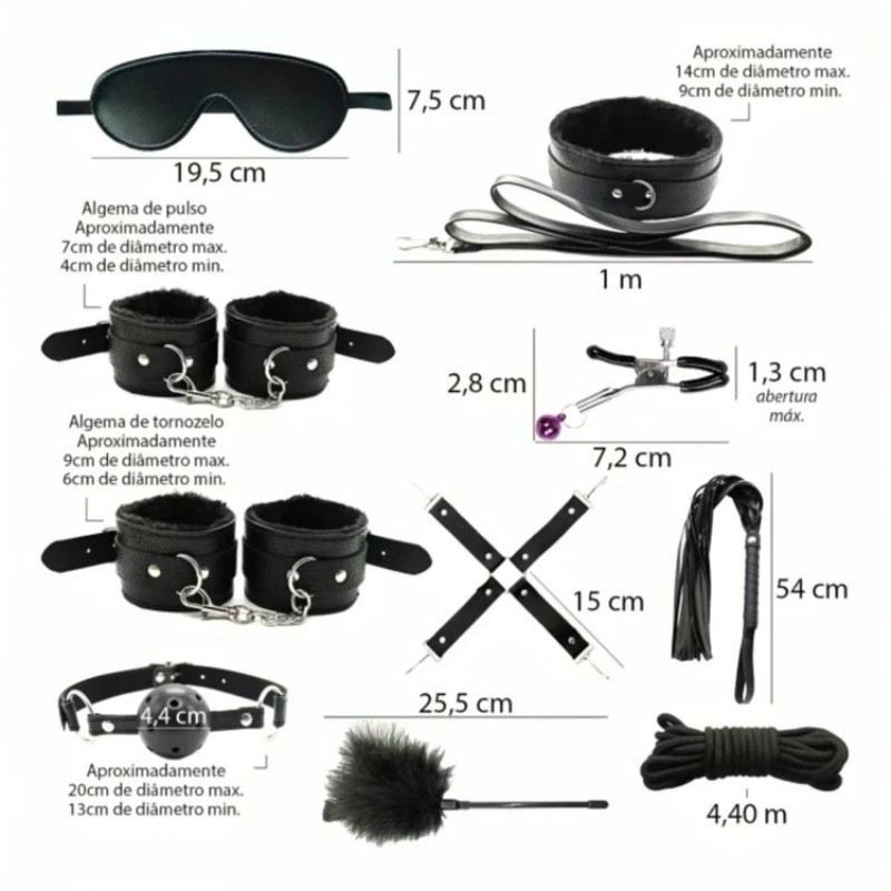 KIT Fetiche Bondage Bdsm 10 Pçs Couro Dominação Submissão Sado Mordaça Algema Chicote Coleira — imagem 2 de 2
