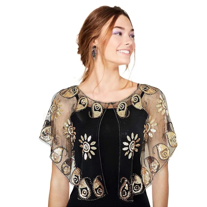 Xale Bordado com Girassóis, Capa Elegante com Decoração de Lantejoulas, Cachecol Brilhante Respirável para Mulheres, Xal