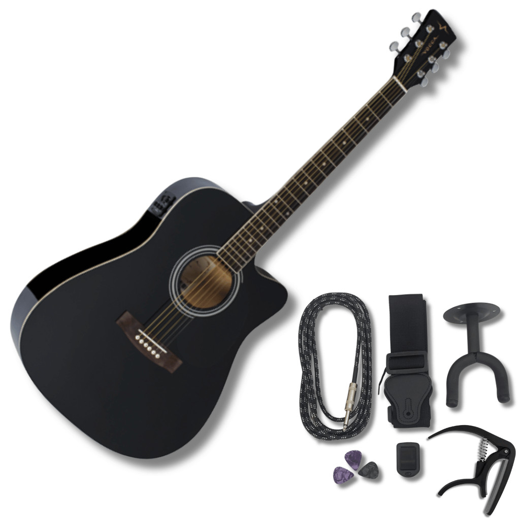 Kit Violão Aço Elétrico Folk Pt Vogga VCK370 BK + Acessórios