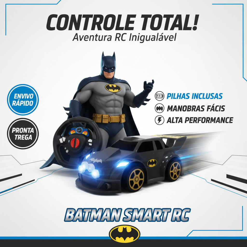 Carrinho Controle Remoto Batman Batmóvel Smart com Volante Diversão Infantil Candide Pilhas Inclusas