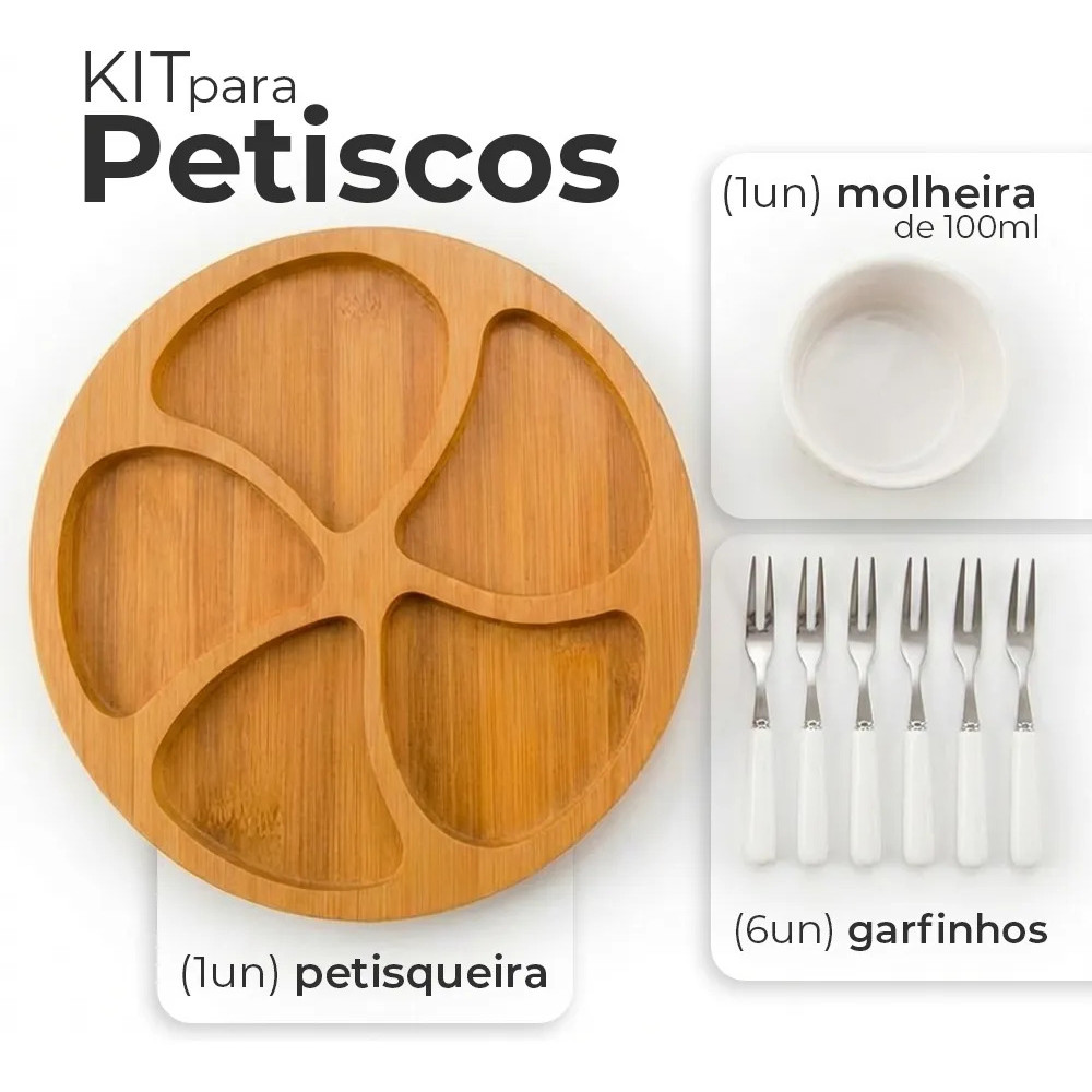 Kit Petisqueira Bambu + 6 Garfinhos + Ramekim Molheira Cor Branca Para Frios e Queijos Gamela