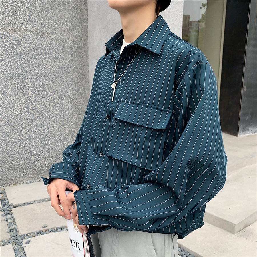 Camisa muito fada masculina de manga comprida ins camisa bonita masculina Street Wear solto listrado polegada camisa mas