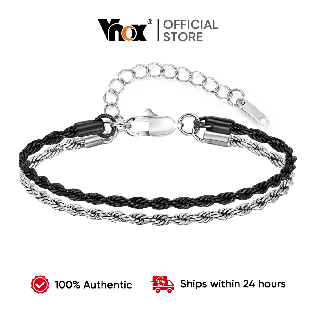 Vnox Novo Estilo Pulseira De Corrente De Corda De Camada Dupla Preto Prata Aço Inoxidável À Prova D'água Para Presente M