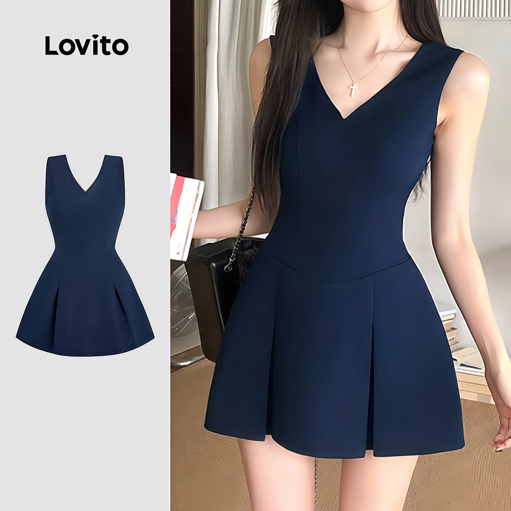 Lovito Vestido Elegante Pregas Textura Simples Primavera/verão Vestido Azul Marinho para Mulheres L184ED084