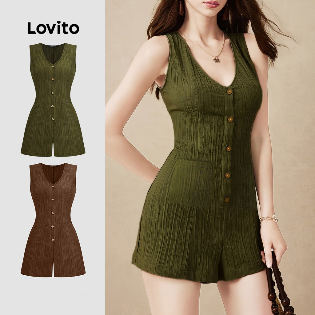 Lovito Casual Macacão com Botões Bolso Primavera/verão Macacão Verde Militar para mulheres L138AD884
