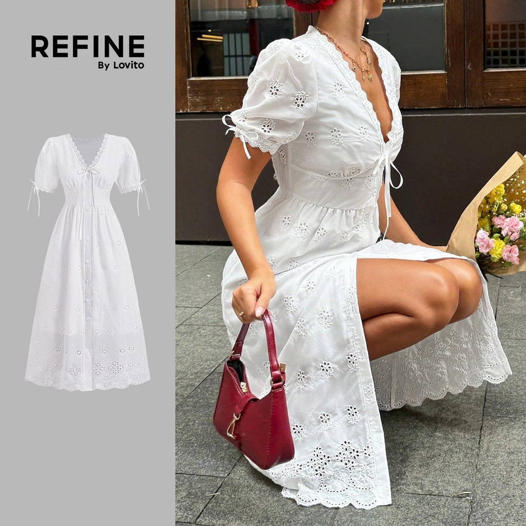 (Refine by Lovito) Boho Nacional Vestido Feminino De Algodão Bordado Inglês Com Cadarço Branco Primavera/verão LR13L183