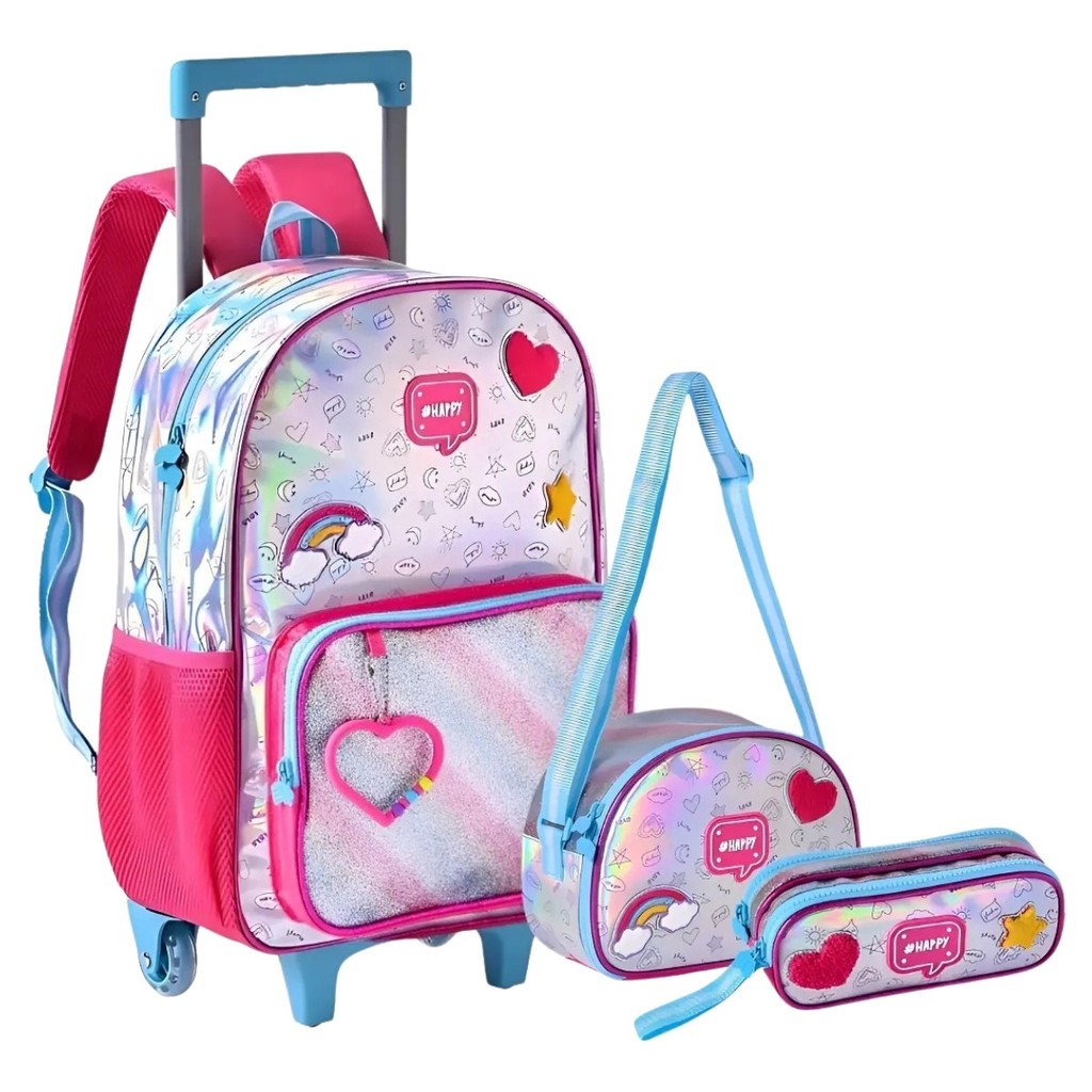 Kit Mochila Carrinho Escolar Infantil + Lancheira + Estojo Holográfico Happy
