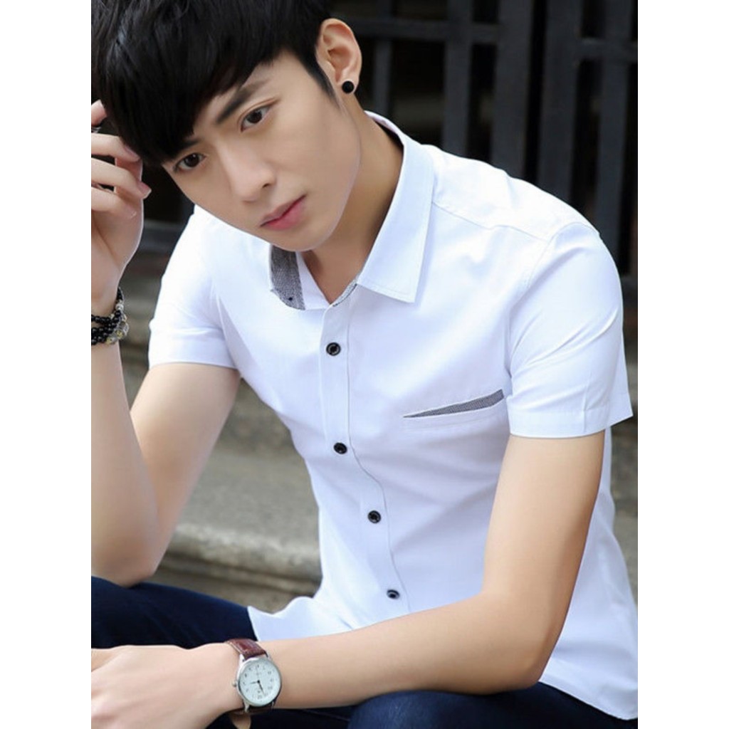 Camisa de manga curta de seda gelo masculina verão fino Casual negócios camisa branca magro ajuste meia manga camisa bon